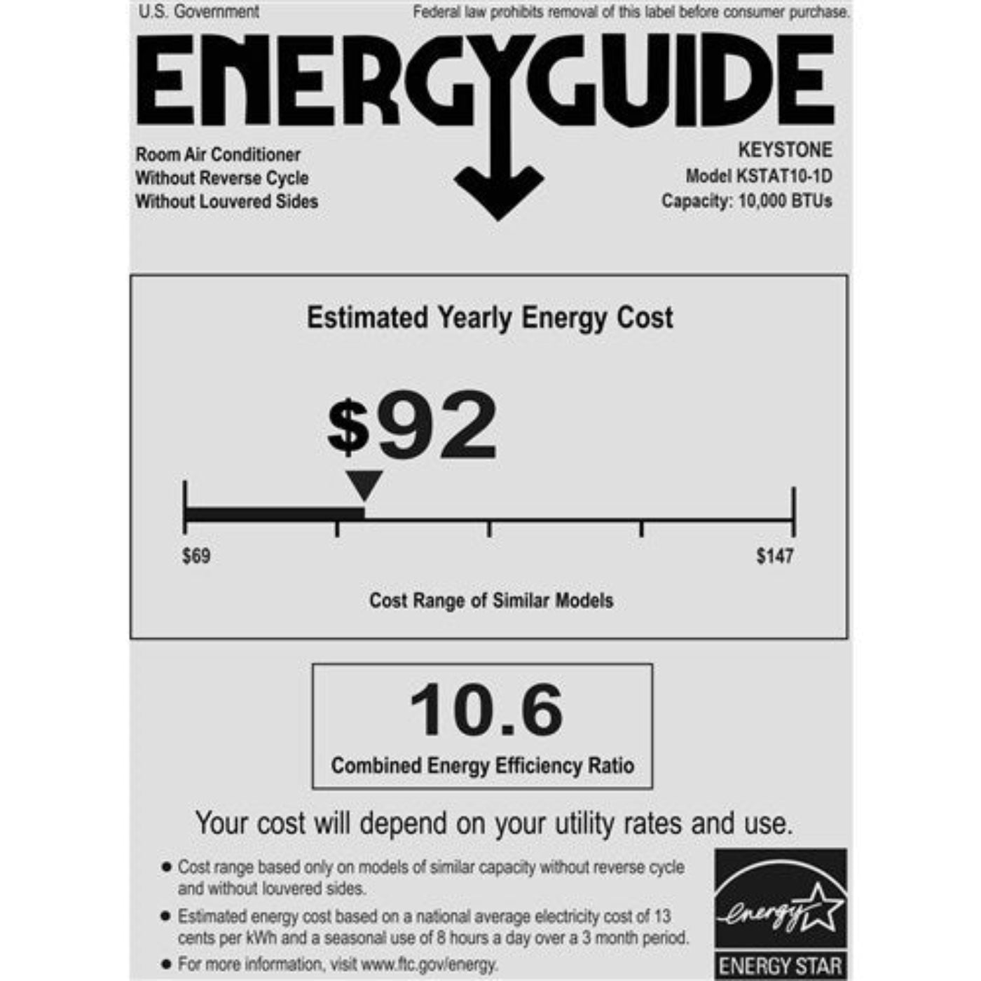 Keystone - 10000 BTU Through the Wall Air Conditioner, EStar, R32  -  KSTAT10-1D