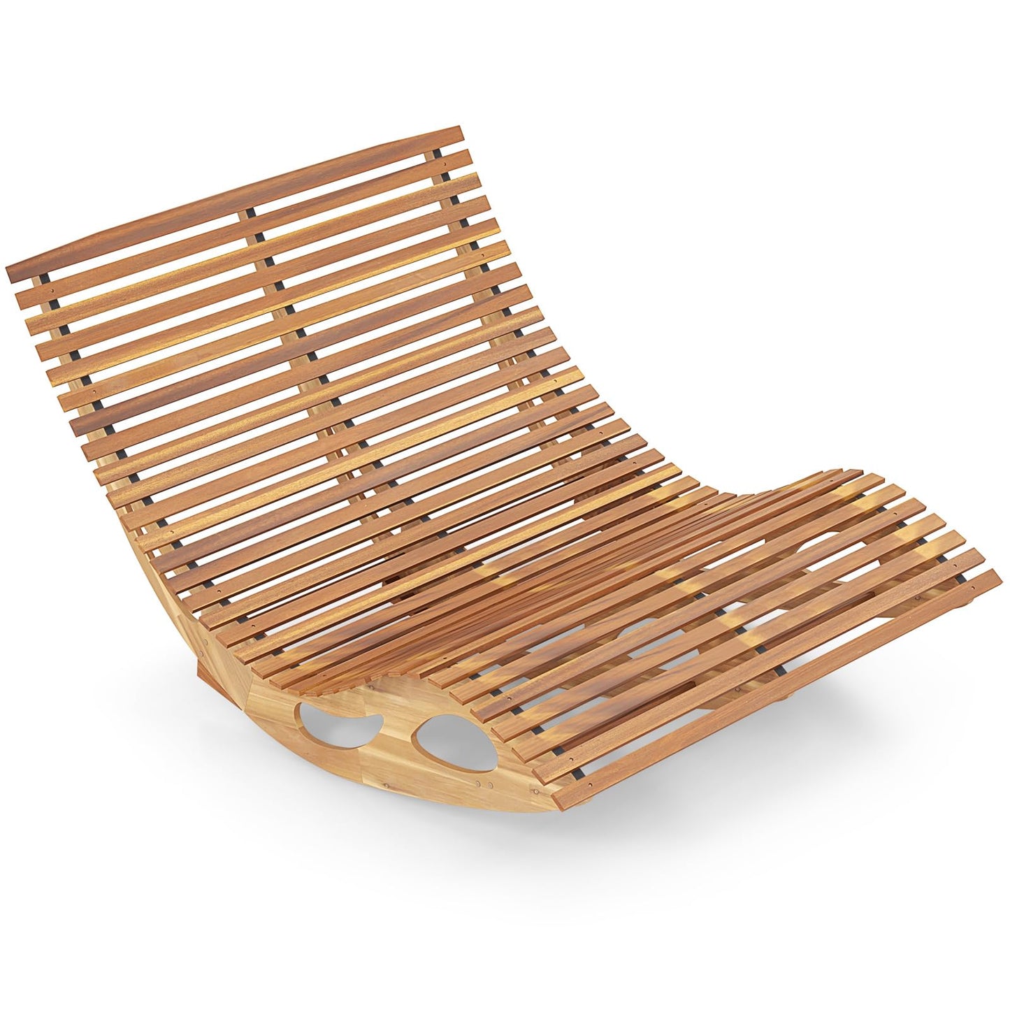 Tangkula Outdoor Double Chaise Lounge Chair, Acacia Wood Rocking Sunbed with Slatted Backrest and Seat - NP12023