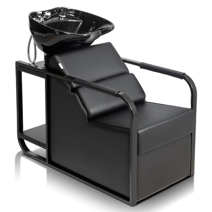 OmySalon BU2201 Salon Shampoo Backwash Chair Unit with Tilting Ceramic Bowl & Storage Shelf - G59000917
