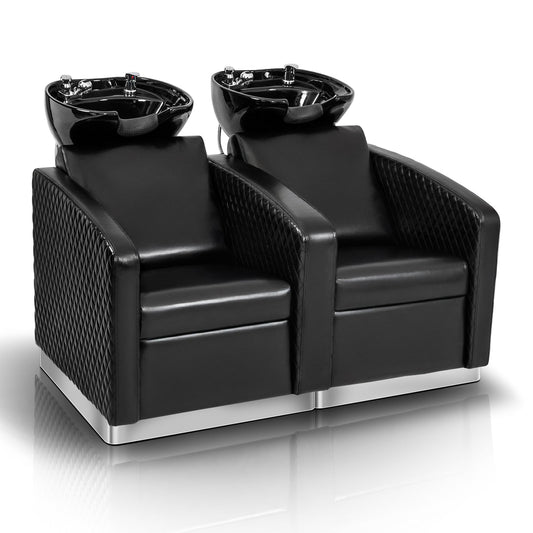 OmySalon BU1911 2-Seater Shampoo Bowl and Chair Backwash Unit with 2 Large Ceramic Sinks & Stainless Steel Base -   G59000784