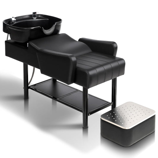OmySalon BU2501 Salon Shampoo Backwash Unit with ABS Plastic Bowl & Storage Shelf & Freestanding Ottoman - G59000924