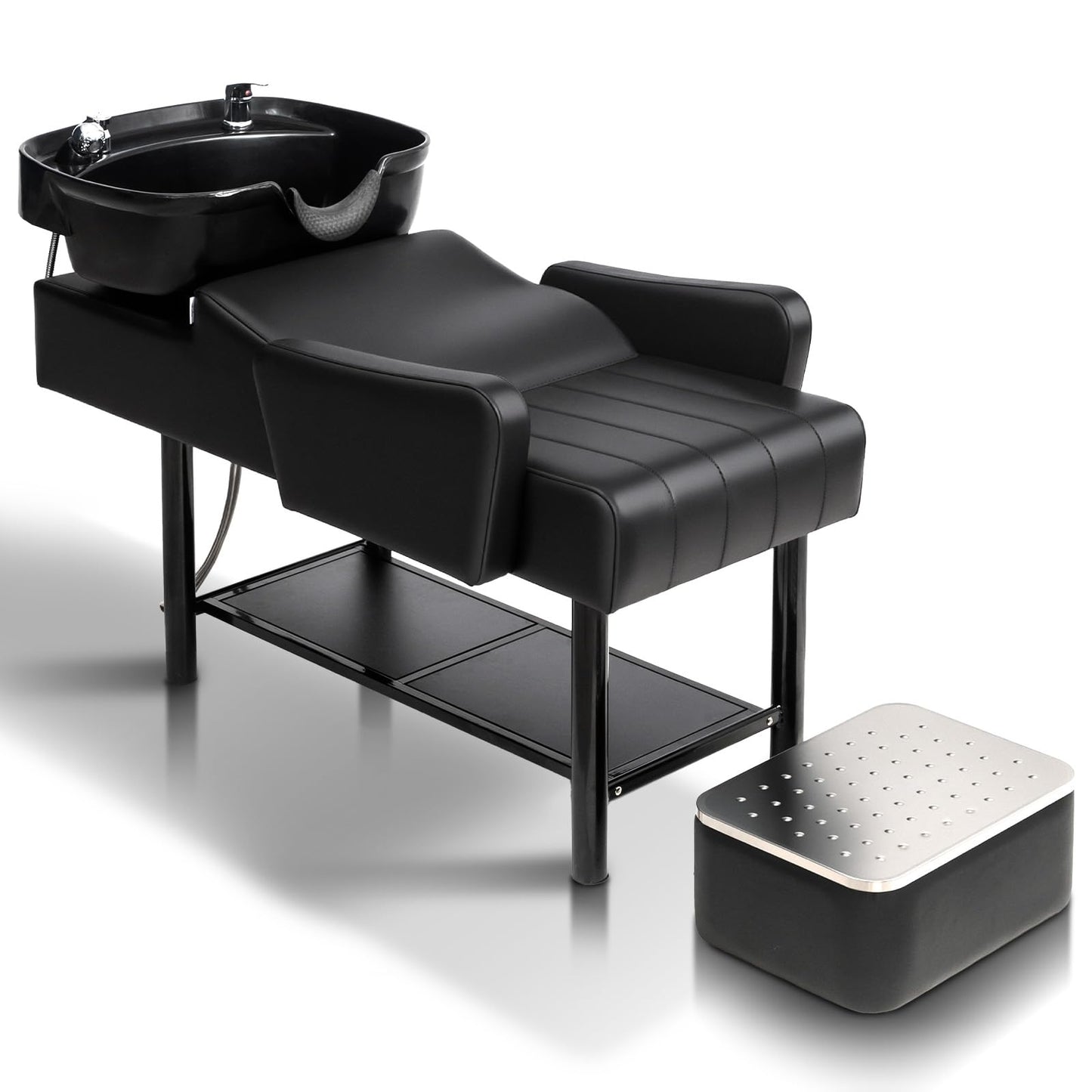 OmySalon BU2501 Salon Shampoo Backwash Unit with ABS Plastic Bowl & Storage Shelf & Freestanding Ottoman - G59000924