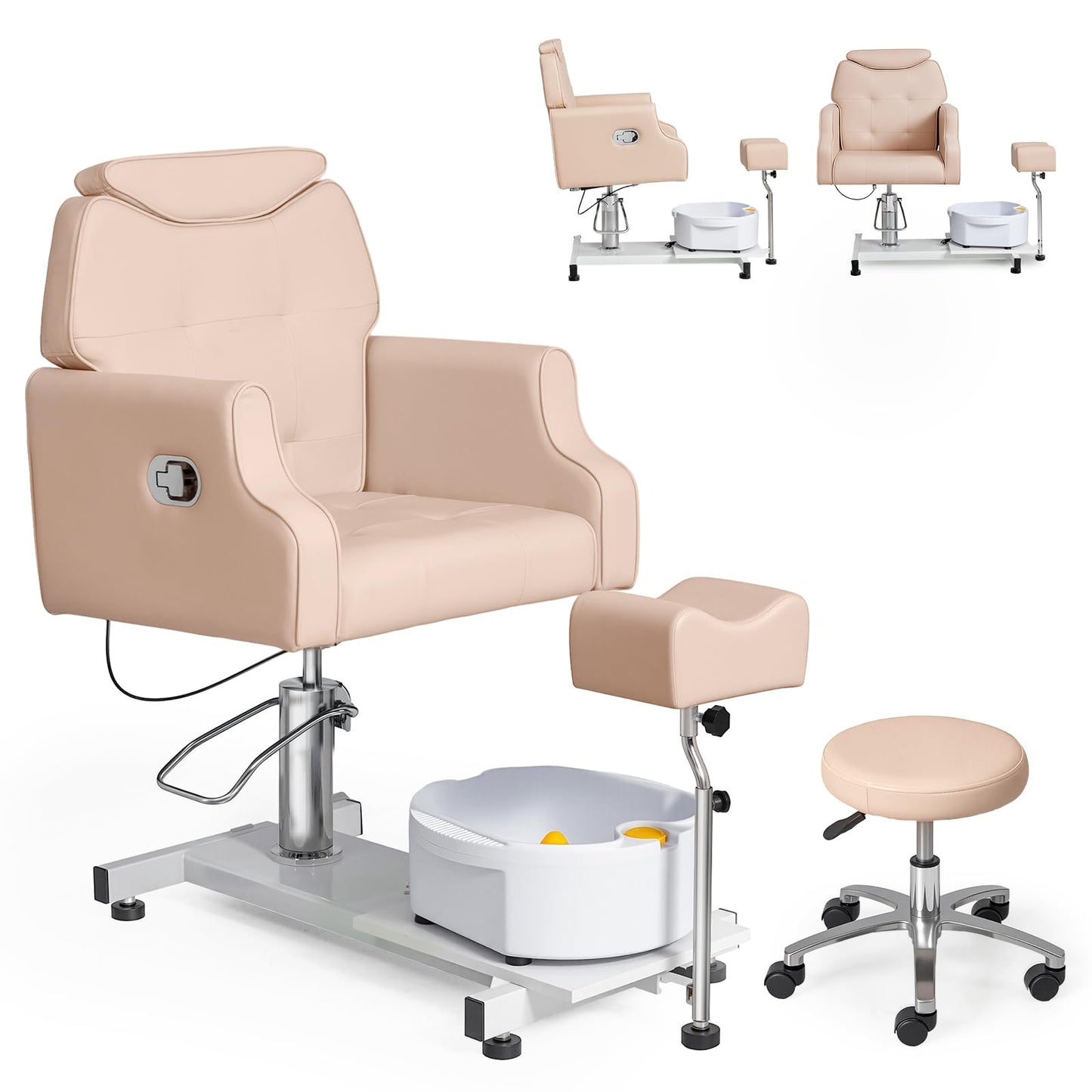OmySalon PCM-WB 360° Rotation Hydraulic Pedicure Chair with Bubble Massage Foot Bath & Rolling Stool - G59000795