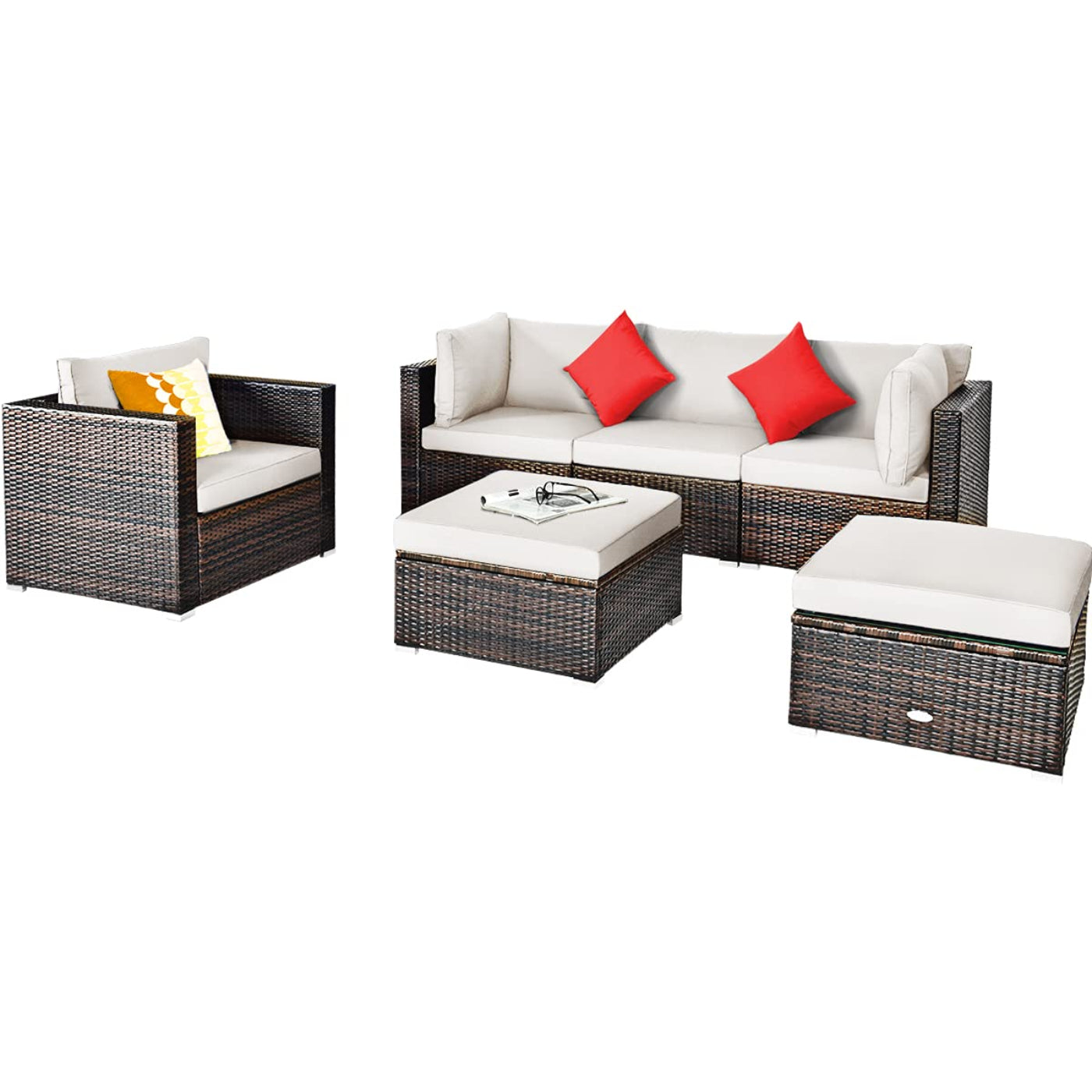 Tangkula 6 Pieces Patio Rattan Sectional Furniture Set, Outdoor Wicker Conversation Set with Glass Coffee Table Sofa Ottoman - HW63877BK+