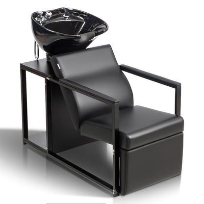 OmySalon BU2301 Salon Shampoo Backwash Chair Unit with Porcelain Bowl & Storage Shelf - G59000919