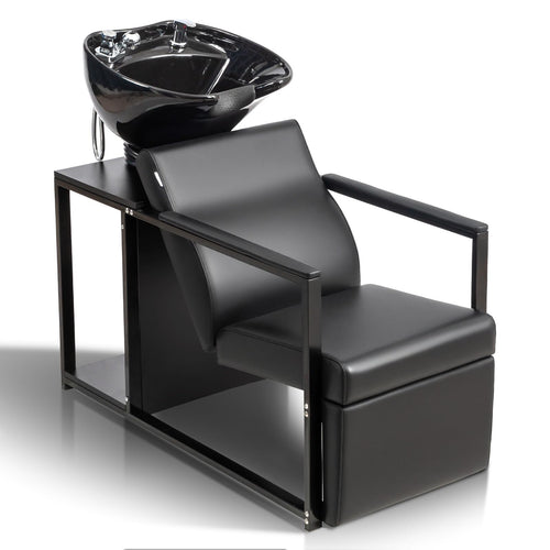 OmySalon BU2301 Salon Shampoo Backwash Chair Unit with Porcelain Bowl & Storage Shelf - G59000919