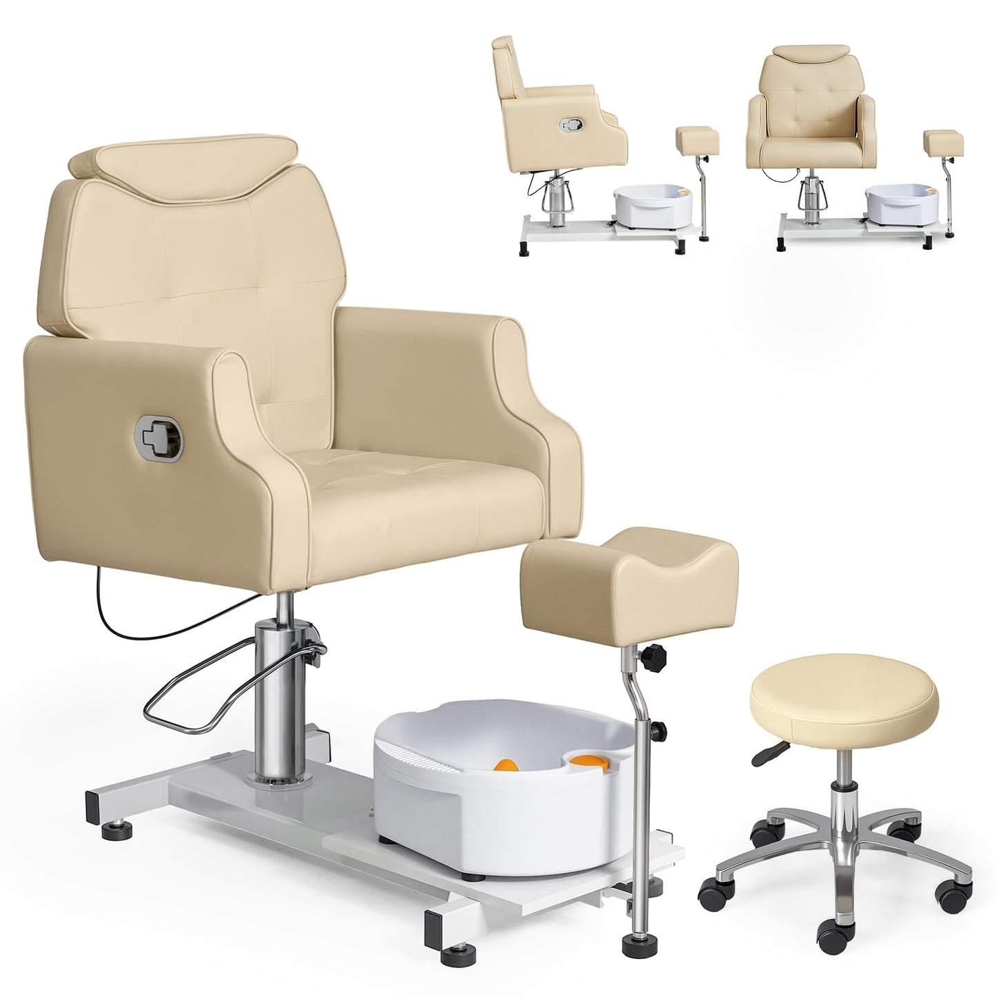 OmySalon PCM-WB 360° Rotation Hydraulic Pedicure Chair with Bubble Massage Foot Bath & Rolling Stool - G59000795