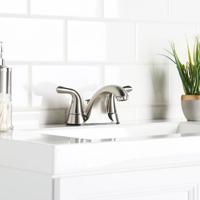 Project Source Dover Brushed Nickel 2-handle 4-in centerset WaterSense Mid-arc Bathroom Sink Faucet with Drain with Deck Plate