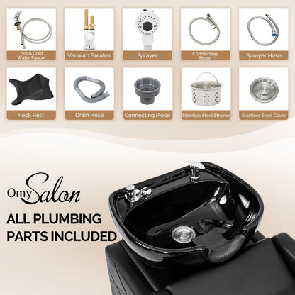 OmySalon BU1701 Salon Shampoo Bowl and Chair Backwash Unit with Large Ceramic Bowl & Freestanding Ottoman - G59000771
