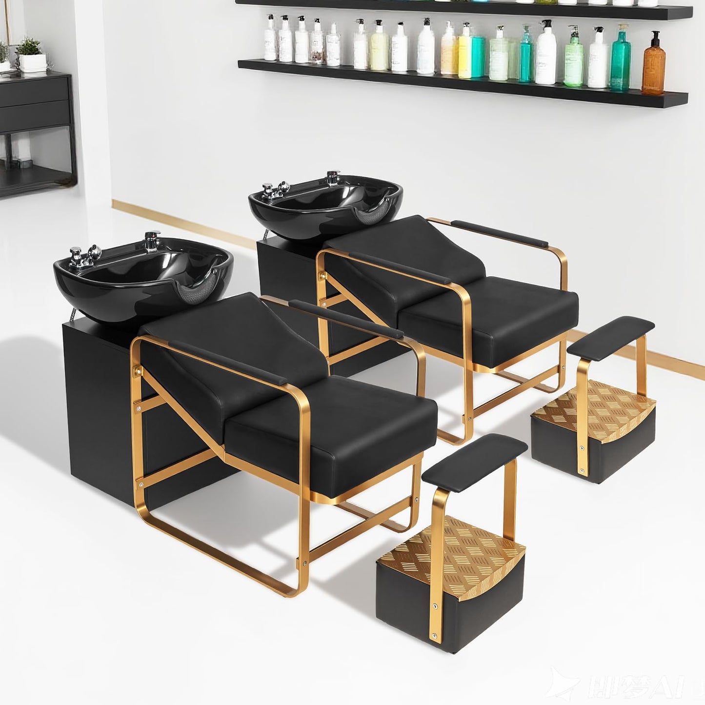 OmySalon BU2401 Salon Shampoo Backwash Chair Unit with Ceramic Shampoo Bowl & Storage Cabinet Station & Independent Footrest - G59000921