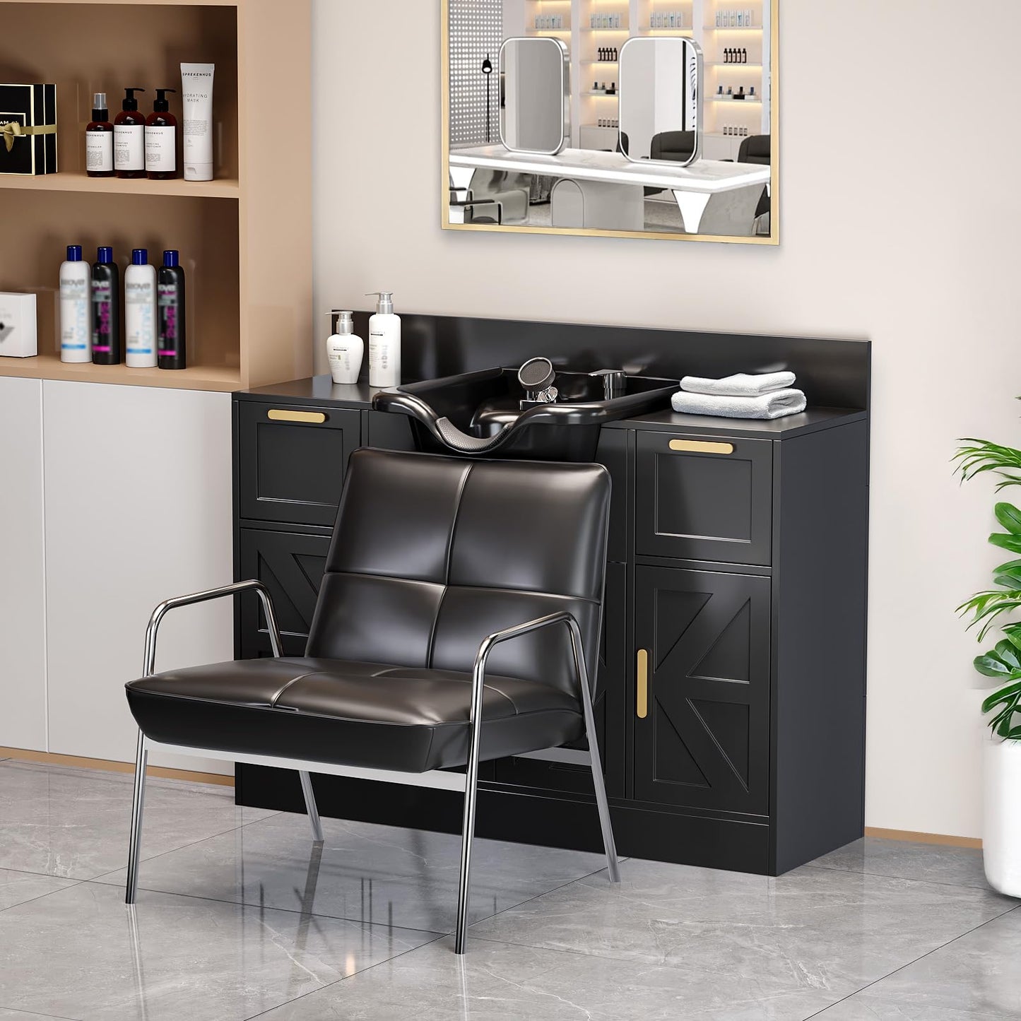 Omysalon SCWSB Freestanding Salon Wet Cabinet Station with Storage Drawers, Shampoo Bowl & Geometric Finish - G59001080