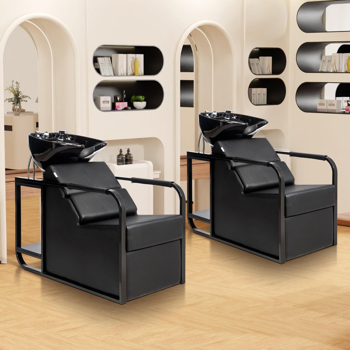 OmySalon BU2201 Salon Shampoo Backwash Chair Unit with Tilting Ceramic Bowl & Storage Shelf - G59000917