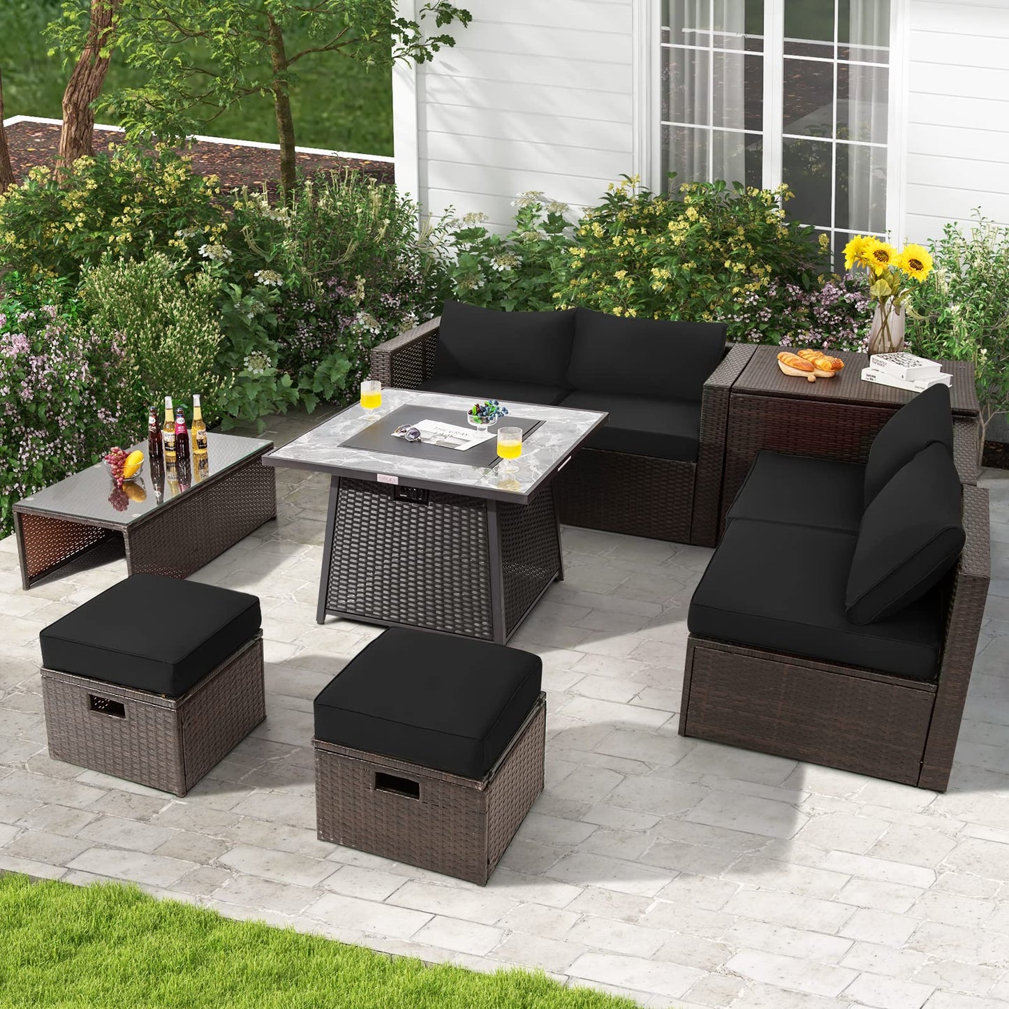 Tangkula 9 Pieces Outdoor Patio Furniture Set with 35-Inch Propane Fire Pit Table - NP10262DK+HW68592DK+