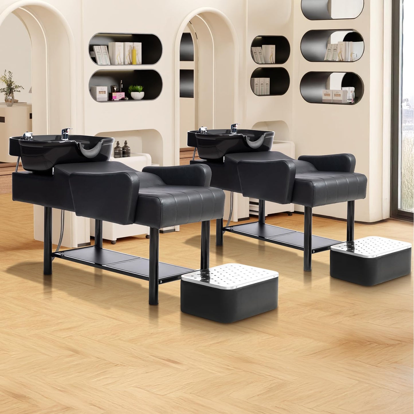 OmySalon BU2501 Salon Shampoo Backwash Unit with ABS Plastic Bowl & Storage Shelf & Freestanding Ottoman - G59000924