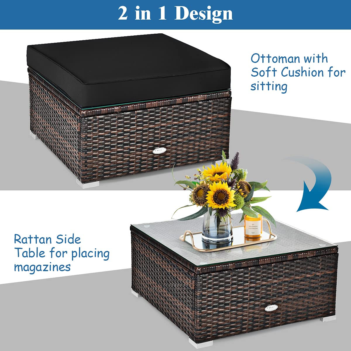 Tangkula 6 Pieces Patio Rattan Sectional Furniture Set, Outdoor Wicker Conversation Set with Glass Coffee Table Sofa Ottoman - HW63877BK+