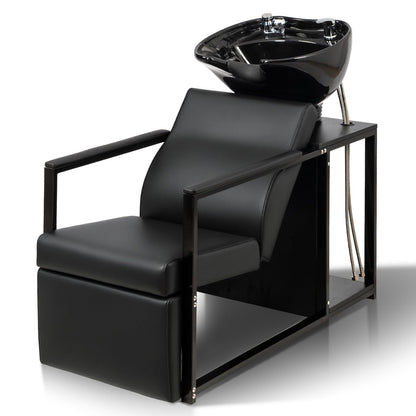 OmySalon BU2301 Salon Shampoo Backwash Chair Unit with Porcelain Bowl & Storage Shelf - G59000919