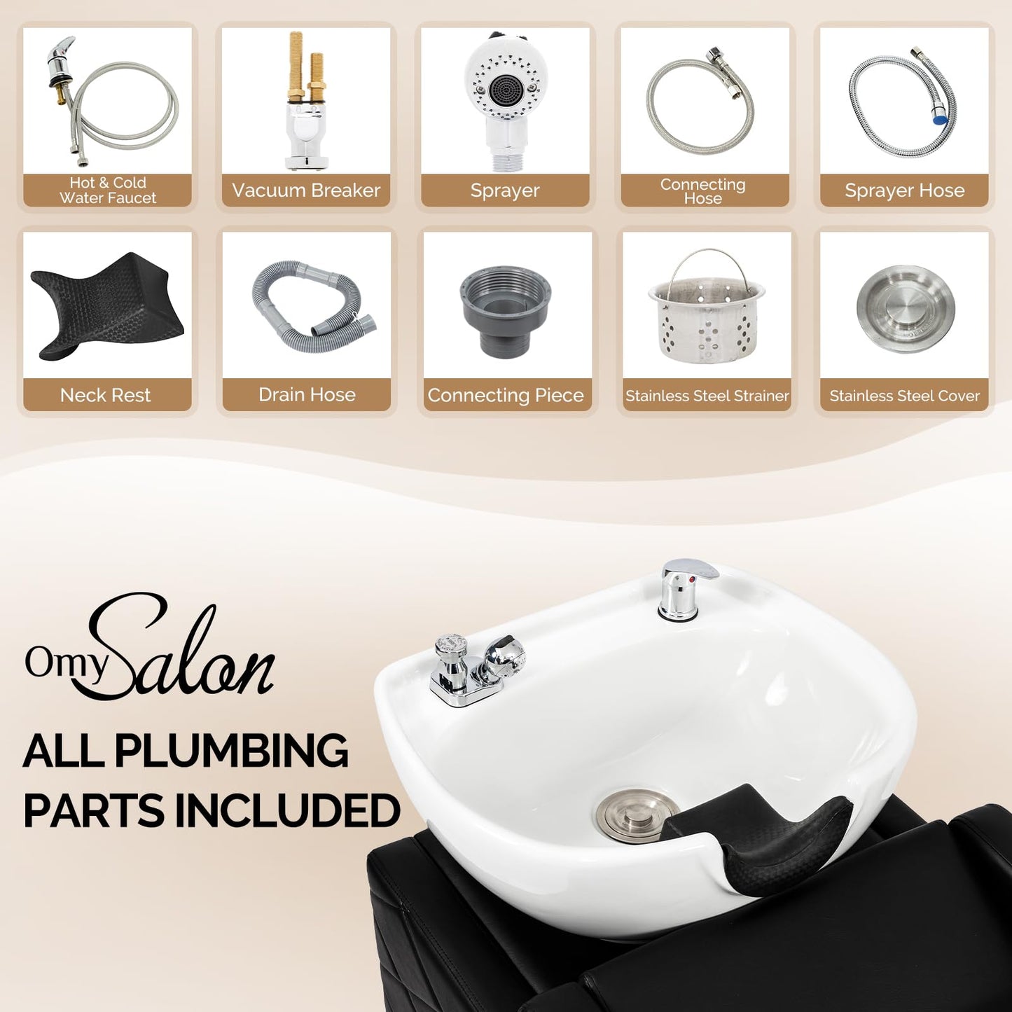OmySalon BU1701 Salon Shampoo Bowl and Chair Backwash Unit with Large Ceramic Bowl & Freestanding Ottoman - G59000771