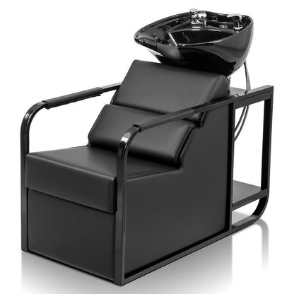 OmySalon BU2201 Salon Shampoo Backwash Chair Unit with Tilting Ceramic Bowl & Storage Shelf - G59000917