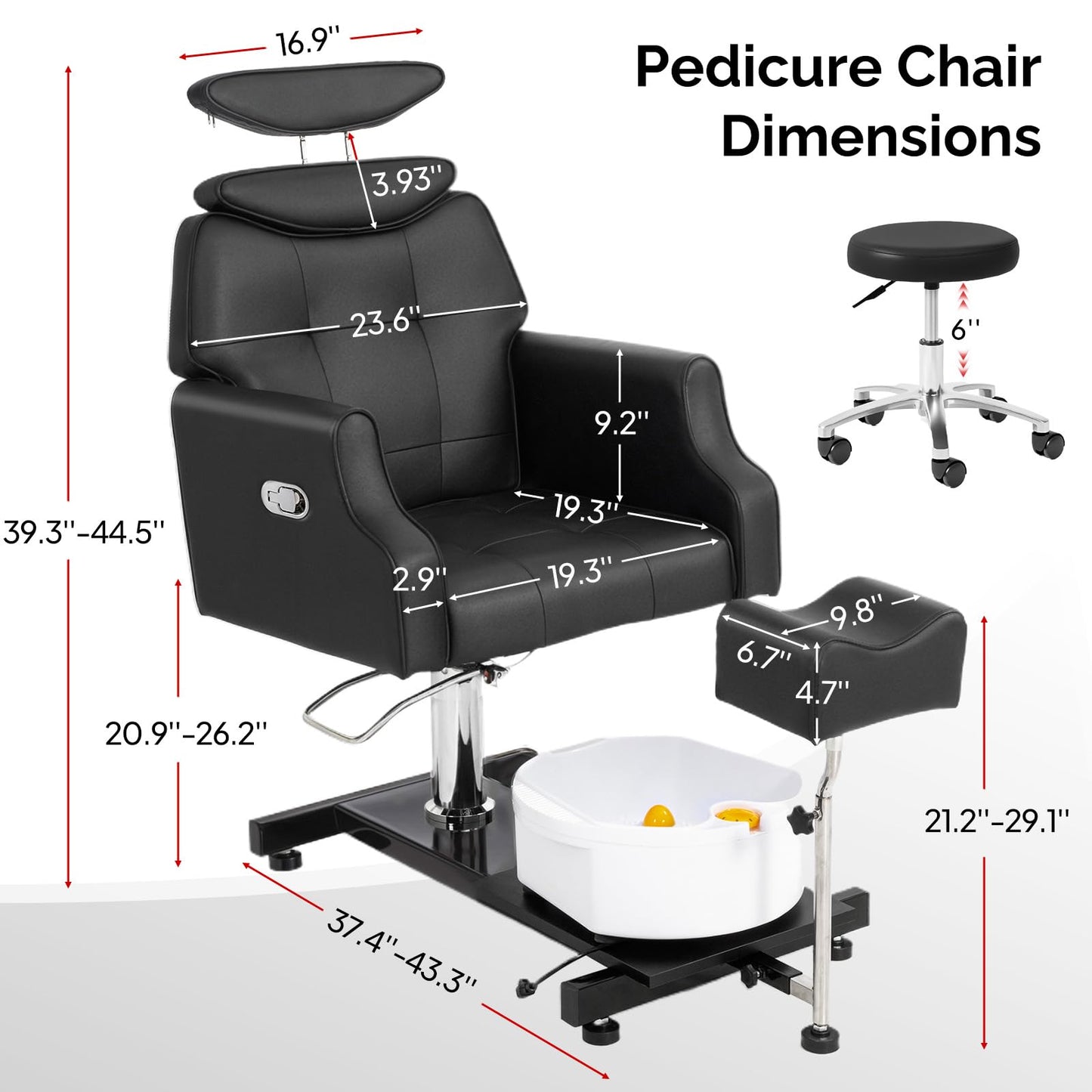 OmySalon PCM-WB 360° Rotation Hydraulic Pedicure Chair with Bubble Massage Foot Bath & Rolling Stool - G59000795