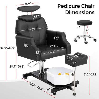 OmySalon PCM-WB 360° Rotation Hydraulic Pedicure Chair with Bubble Massage Foot Bath & Rolling Stool - G59000795
