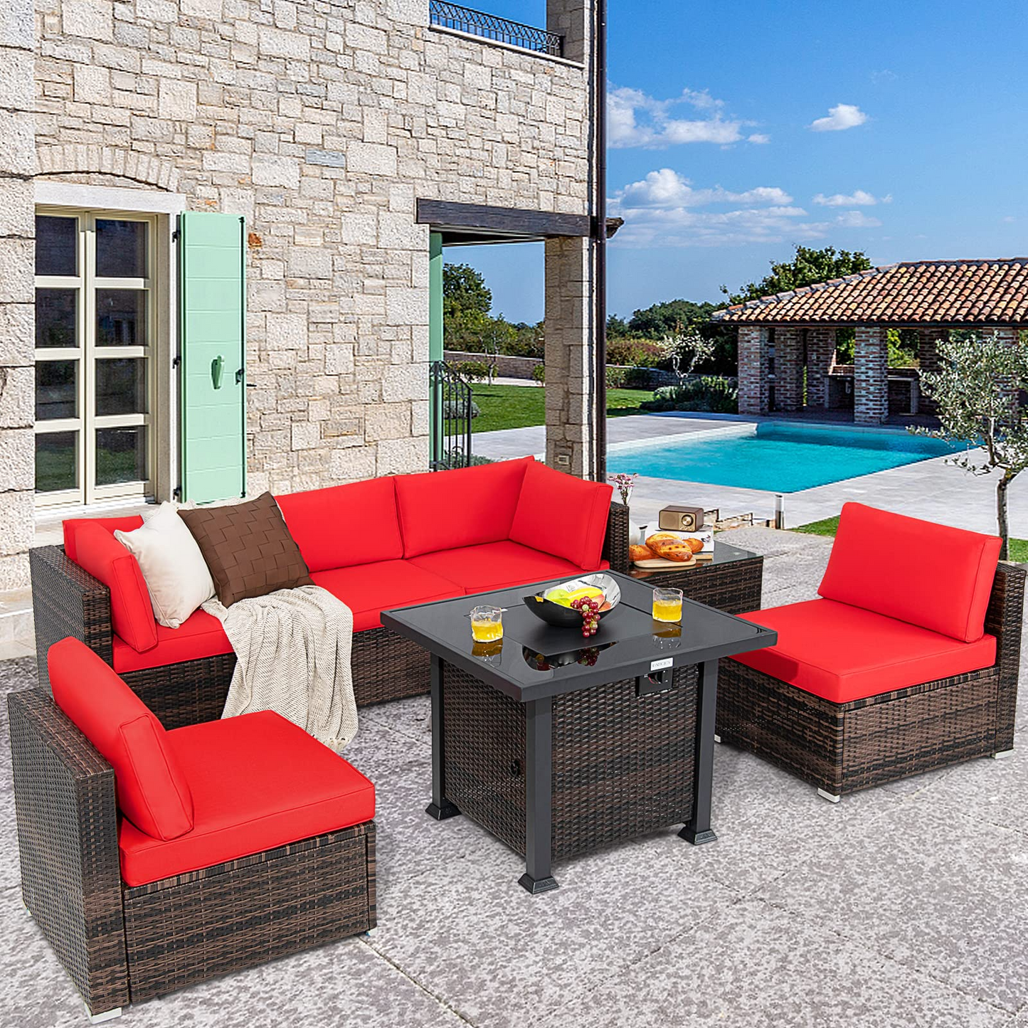 Tangkula 7 Pieces Patio Furniture Set with Fire Pit Table - NP10618CF+HW67937NYA+