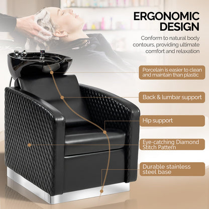 OmySalon BU1901 Salon Shampoo Bowl and Chair Backwash Unit with Large Ceramic Sink & Stainless Steel Base - G59000780