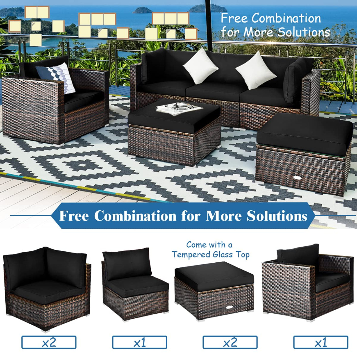 Tangkula 6 Pieces Patio Rattan Sectional Furniture Set, Outdoor Wicker Conversation Set with Glass Coffee Table Sofa Ottoman - HW63877BK+