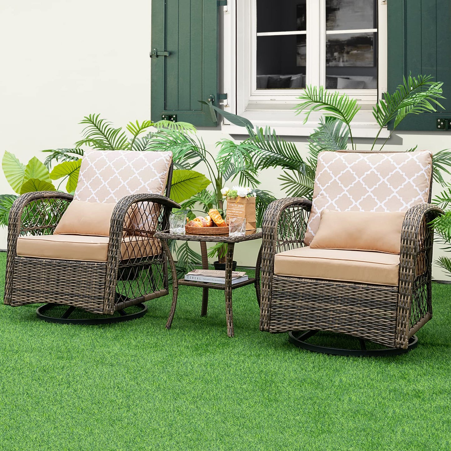 Tangkula 3-Piece Patio Swivel Rocker Set, Wicker Swivel Rocking Chairs - NP10975MS+