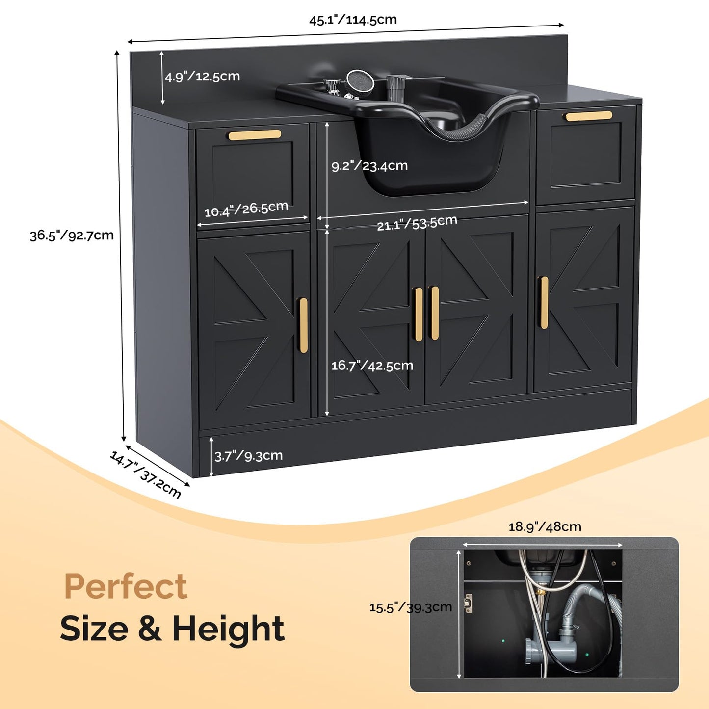 Omysalon SCWSB Freestanding Salon Wet Cabinet Station with Storage Drawers, Shampoo Bowl & Geometric Finish - G59001080
