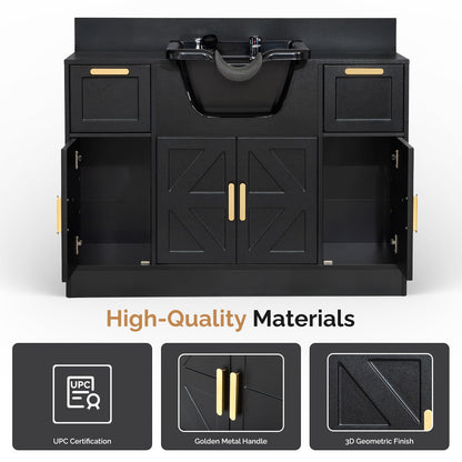 Omysalon SCWSB Freestanding Salon Wet Cabinet Station with Storage Drawers, Shampoo Bowl & Geometric Finish - G59001080