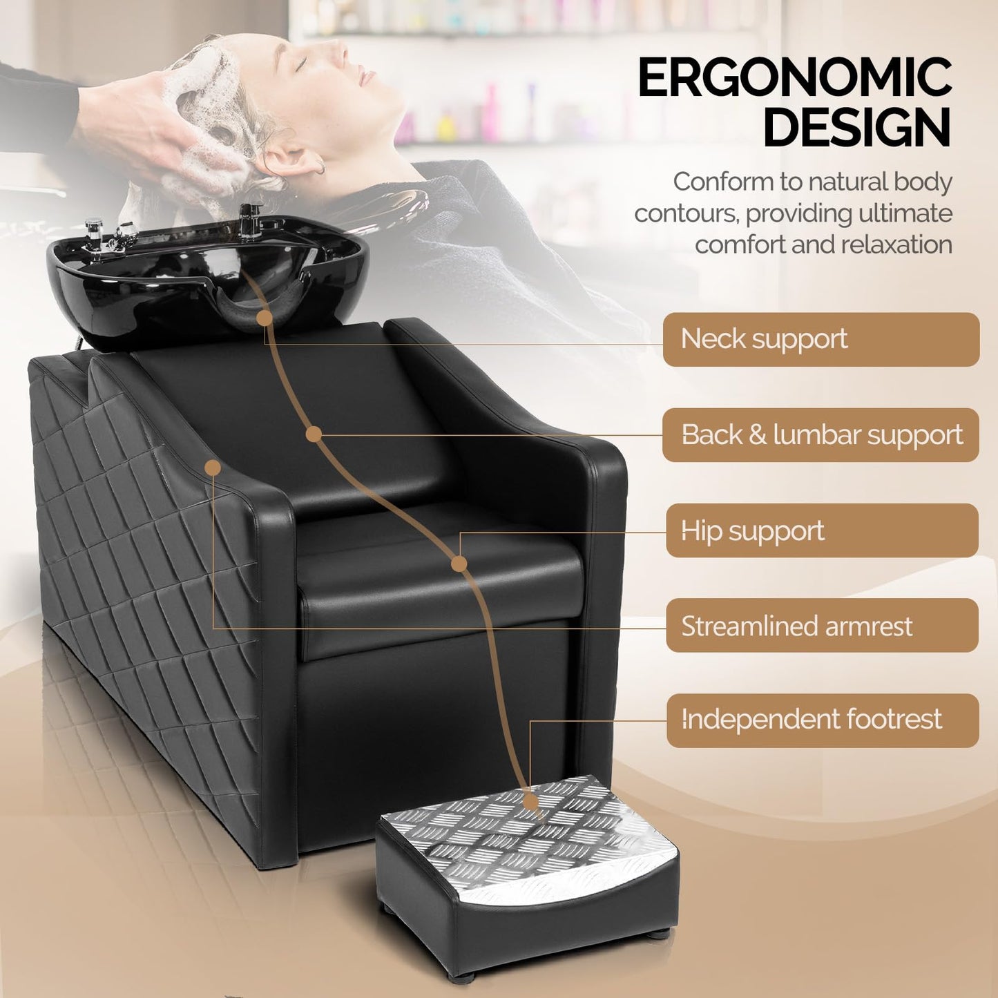 OmySalon BU1701 Salon Shampoo Bowl and Chair Backwash Unit with Large Ceramic Bowl & Freestanding Ottoman - G59000771