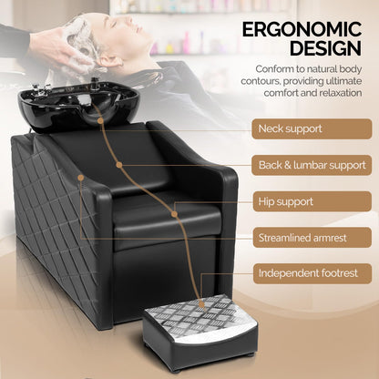 OmySalon BU1701 Salon Shampoo Bowl and Chair Backwash Unit with Large Ceramic Bowl & Freestanding Ottoman - G59000771
