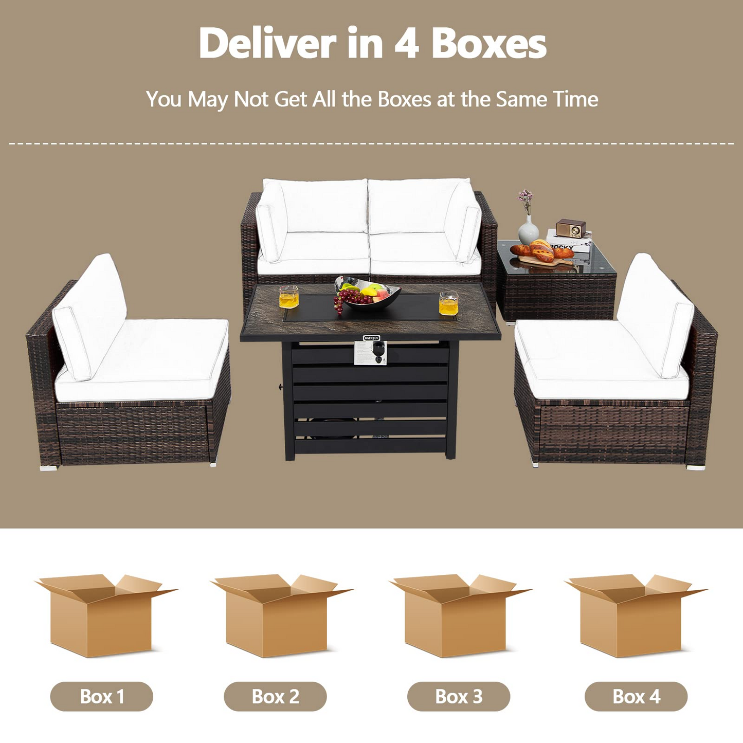 Tangkula 6-Piece Patio Furniture Set with 42 Inches Propane Fire Pit Table - NP10461+HW68691BDK+