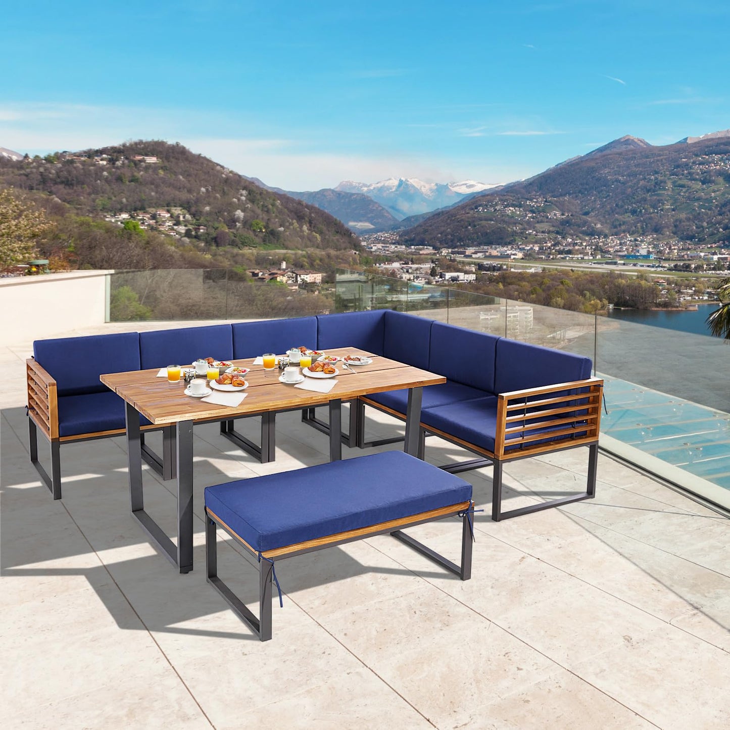 Tangkula 8 Piece Patio Dining Set, Acacia Wood Conversation Sofa Set - HW71004NY+