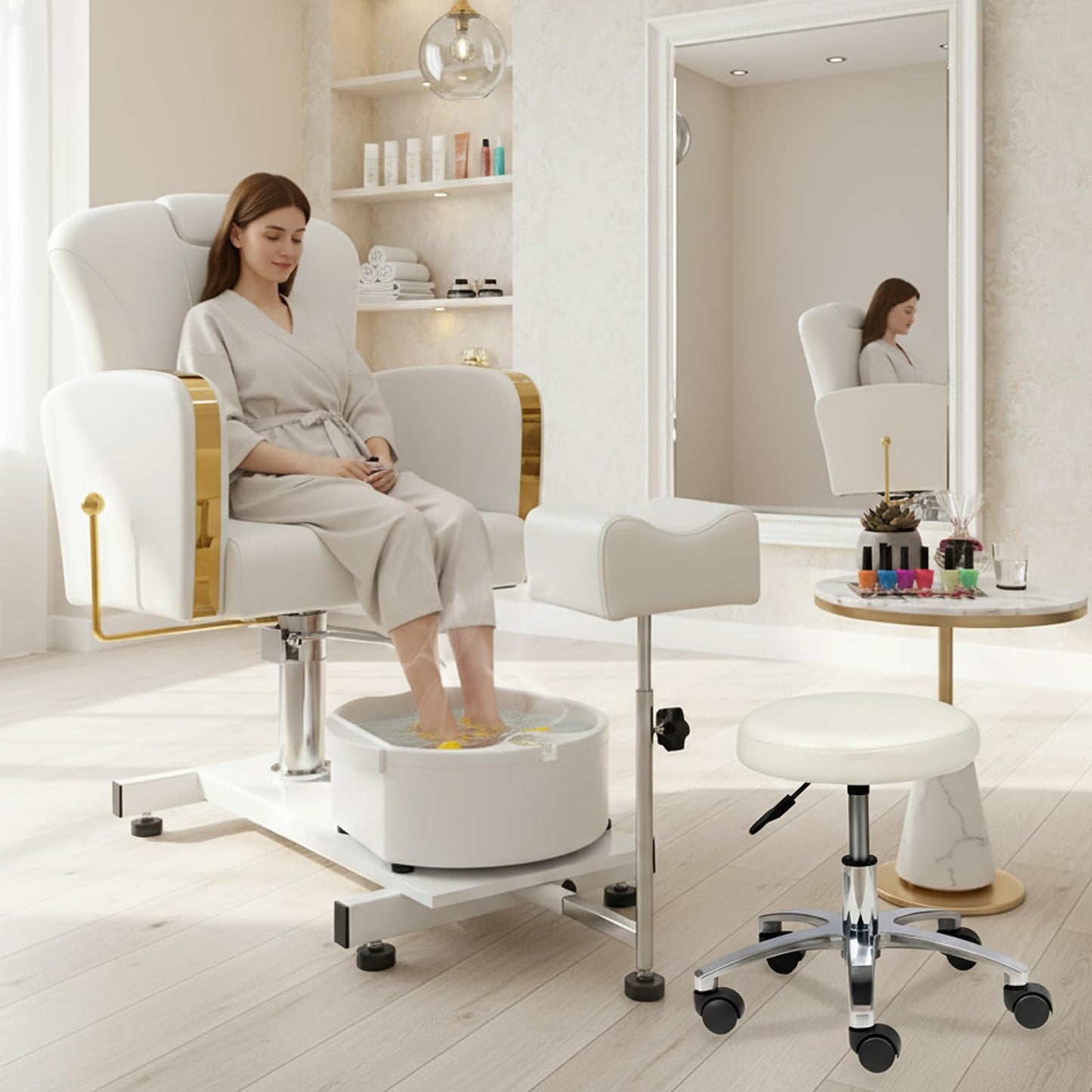OmySalon PCM-WB 360° Rotation Hydraulic Pedicure Chair with Bubble Foot Bath & Rolling Stool - G59001133