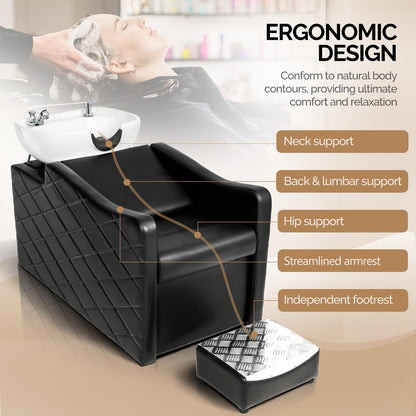 OmySalon BU1701 Salon Shampoo Bowl and Chair Backwash Unit with Large Ceramic Bowl & Freestanding Ottoman - G59000771