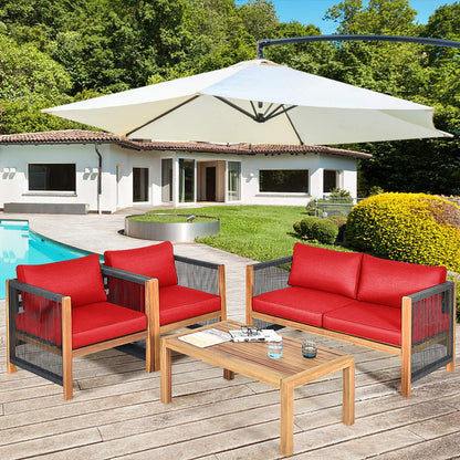 Tangkula Outdoor Wood Furniture Set, Acacia Wood Frame Loveseat Sofa, 2 Single Chairs and Coffee Table - HW63868RE
