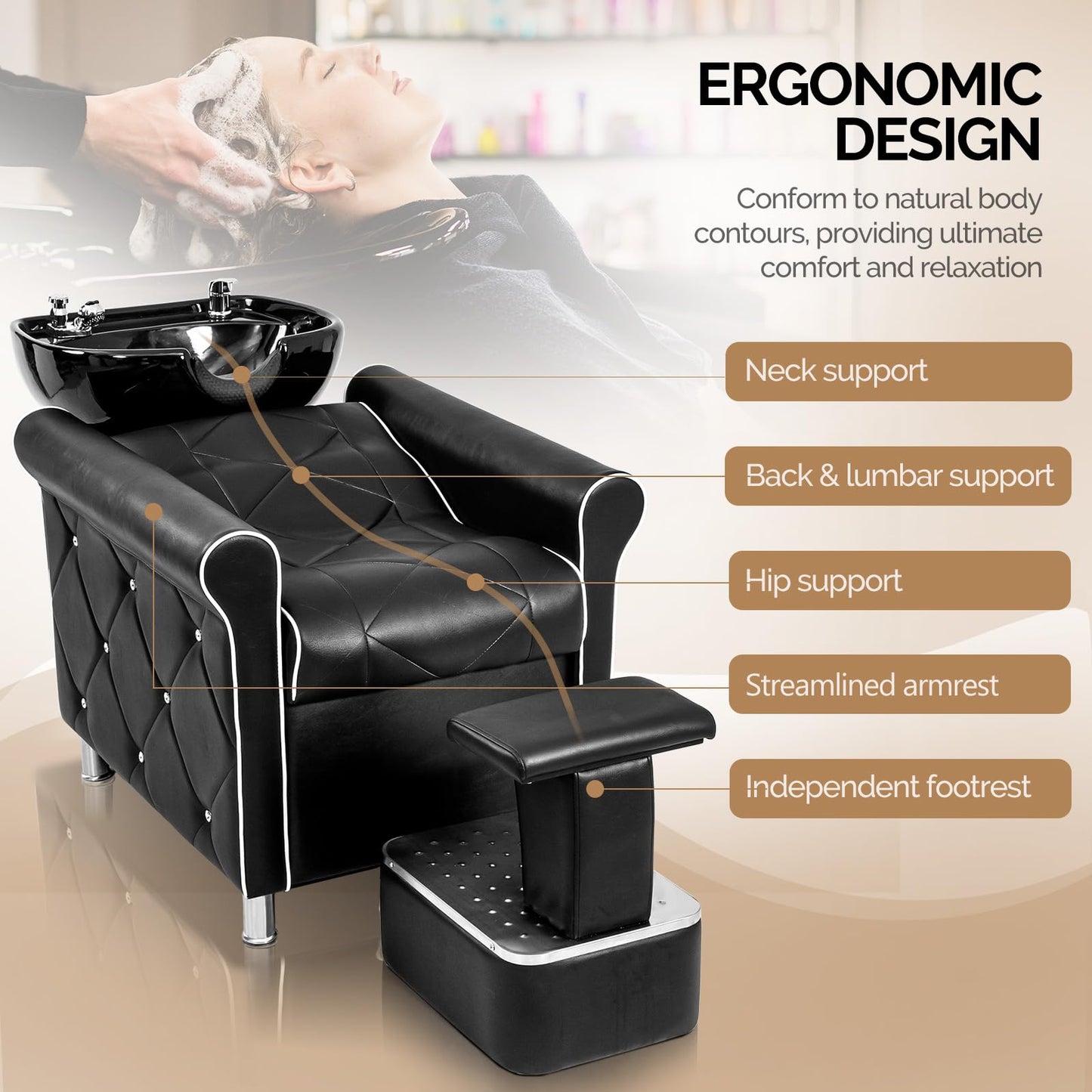 OmySalon BU1601 Salon Shampoo Bowl and Chair Backwash Unit with  Large Porcelain Bowl & Independent Footrest - G59001241