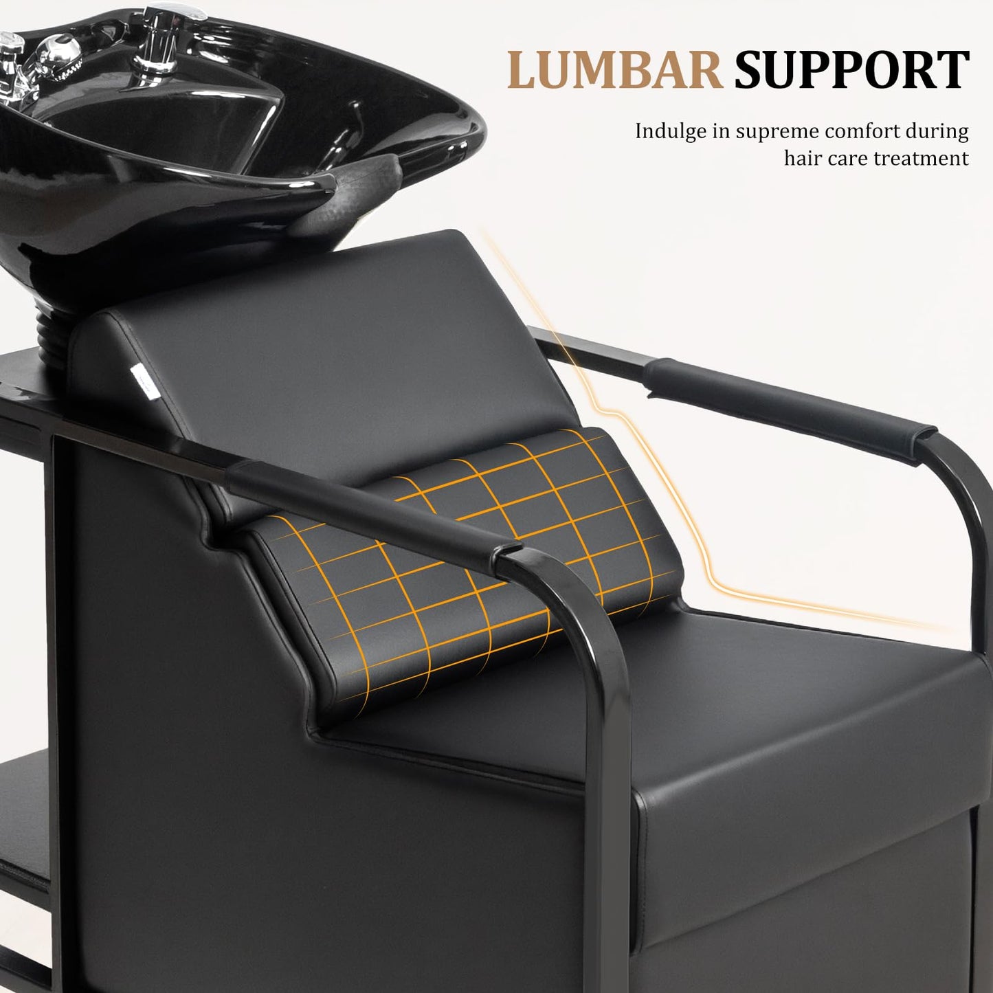 OmySalon BU2201 Salon Shampoo Backwash Chair Unit with Tilting Ceramic Bowl & Storage Shelf - G59000917