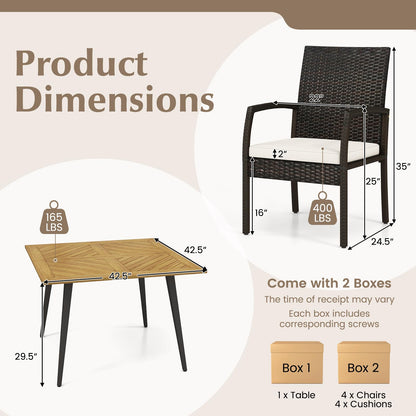 Tangkula 5 Pieces Patio PE Wicker Dining Set, Outdoor Dining Table and Chairs with Cushions - HW71589+HW70830-4