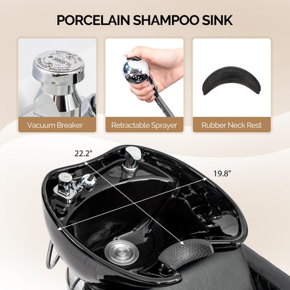 OmySalon BU1901 Salon Shampoo Bowl and Chair Backwash Unit with Large Ceramic Sink & Stainless Steel Base - G59000780
