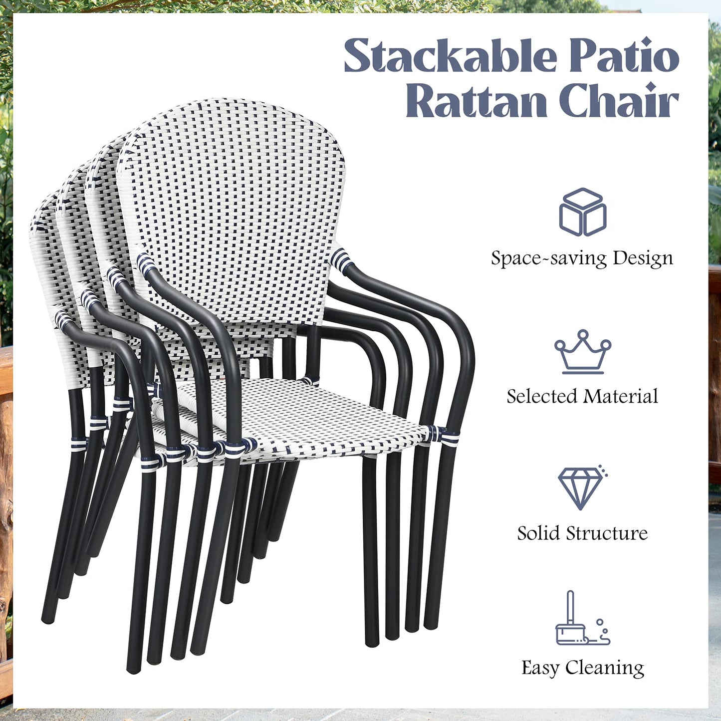 Tangkula 5-Piece Rattan Patio Dining Set, No Assembly Needs, Square Folding Table & 4 Stackable Chairs Set - NP10107+NP10073WL