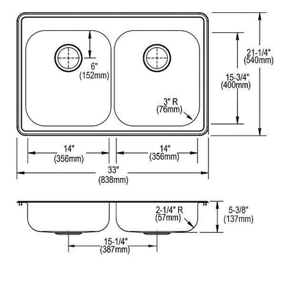 Dayton Stainless Steel 33" x 21-1/4" x 5-3/8" 4-Hole Equal Double Bowl Drop-in Sink