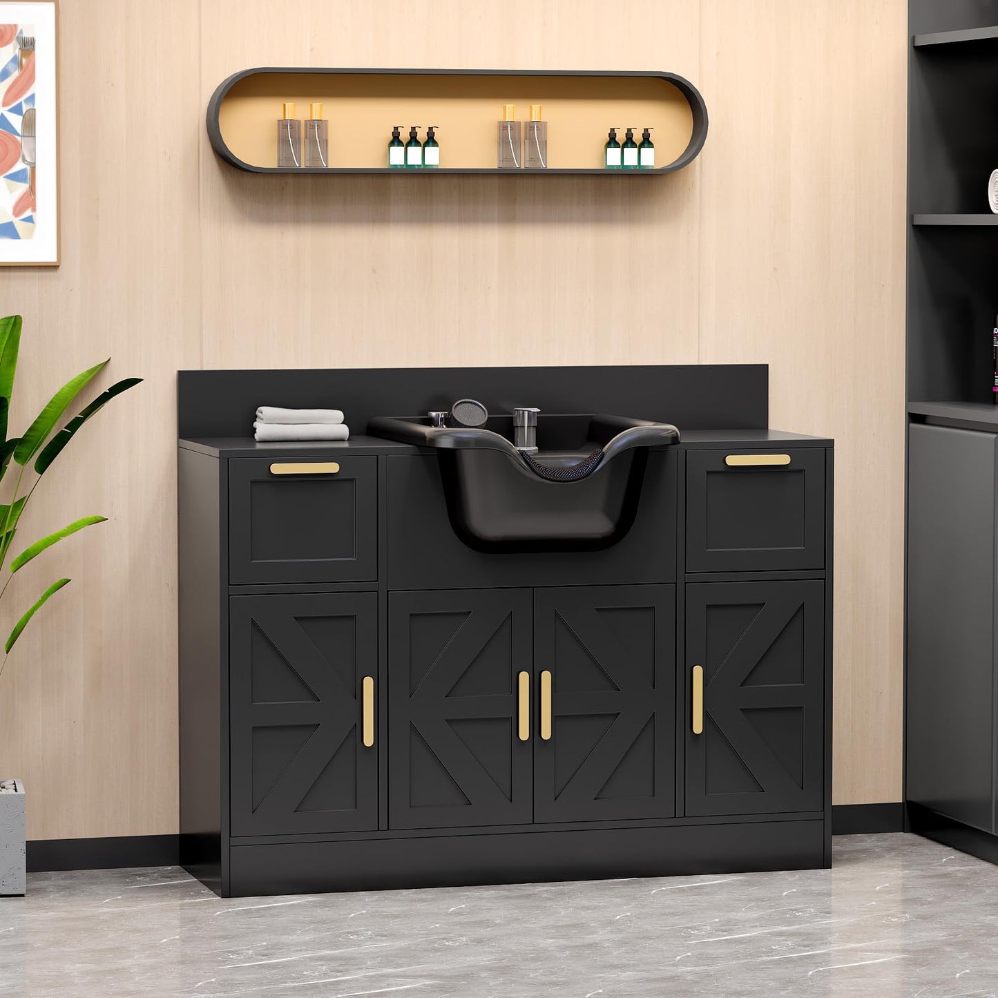 Omysalon SCWSB Freestanding Salon Wet Cabinet Station with Storage Drawers, Shampoo Bowl & Geometric Finish - G59001080