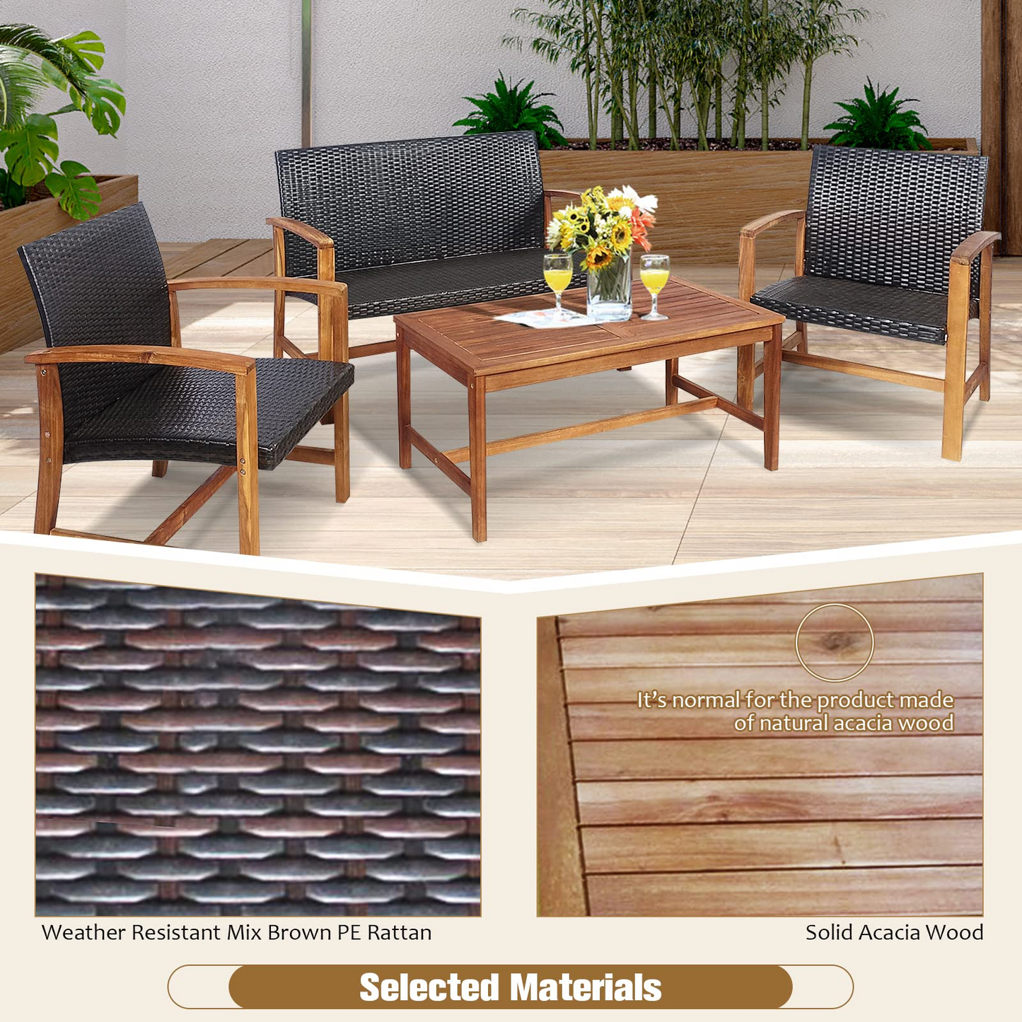 Tangkula 4-Piece PE Rattan Patio Furniture Set, Outdoor Conversation Set - HW69384-12B+HW69384-22B