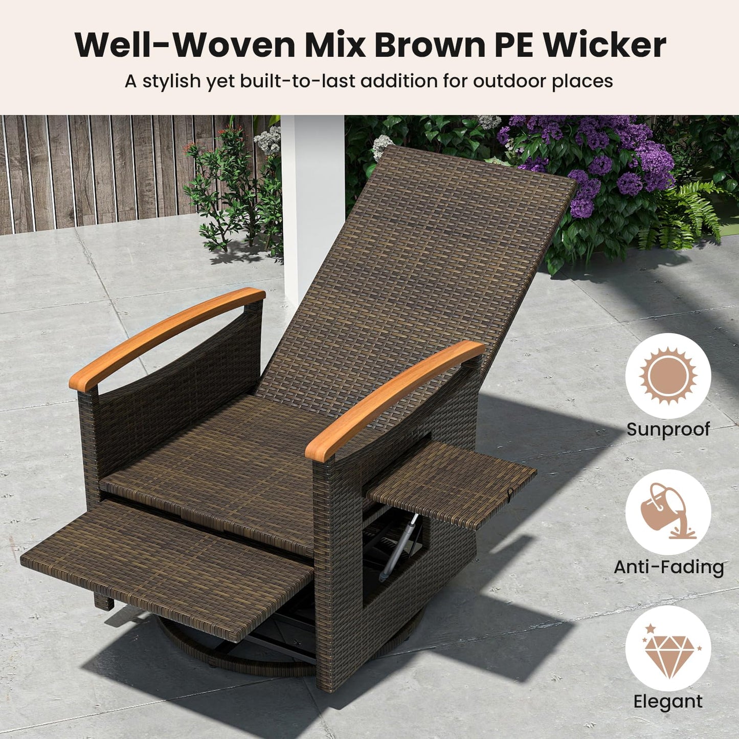 Tangkula Patio Rattan 360 Degree Swivel Recliner Chair, Wicker Lounge Chair w/Adjustable Backrest & Footrest - 2*HW72726BN