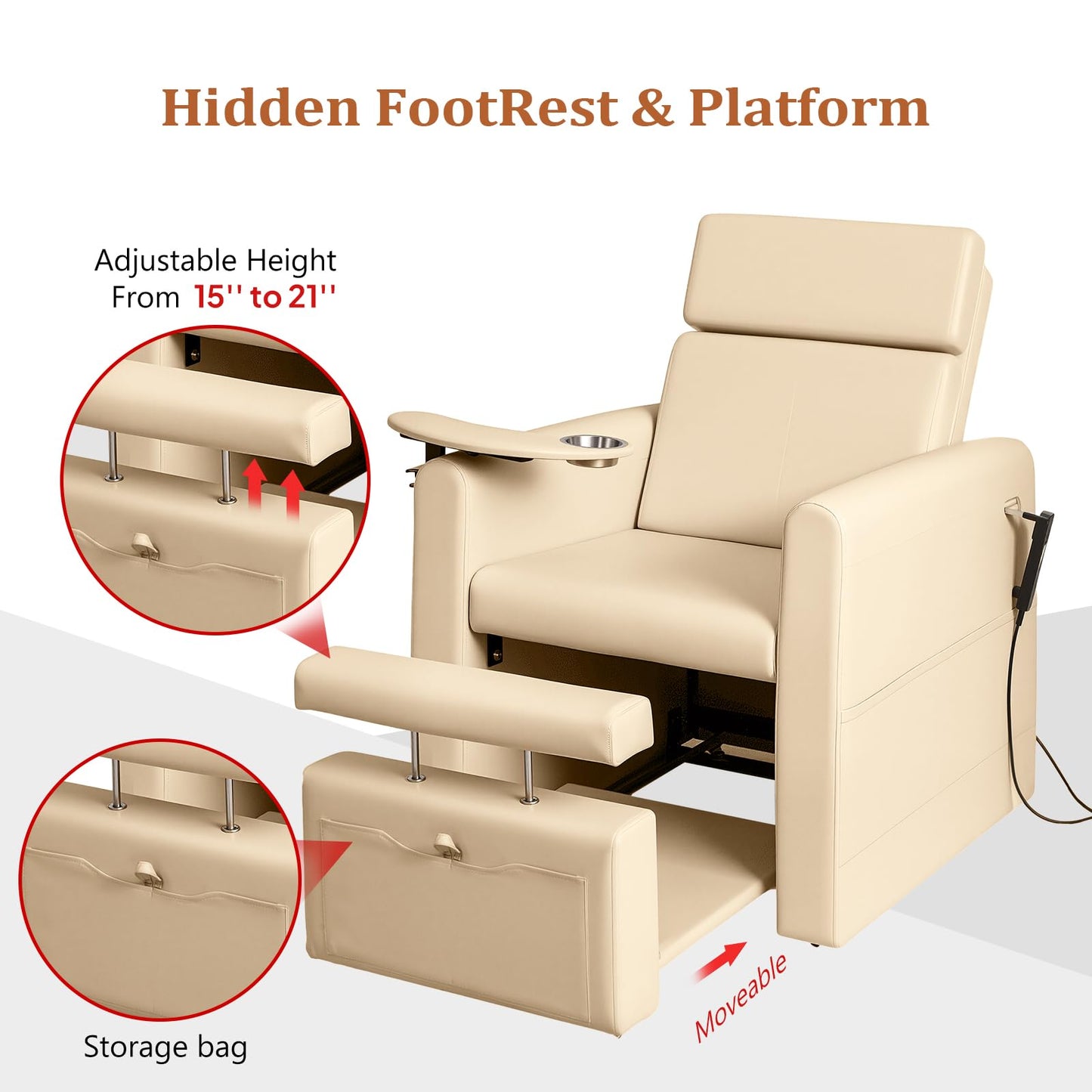 OmySalon PCE-WR Professional Full-Floor Support Electric Pedicure Chair with Adjustable Backrest & Hidden Storage Platfo - G59000797