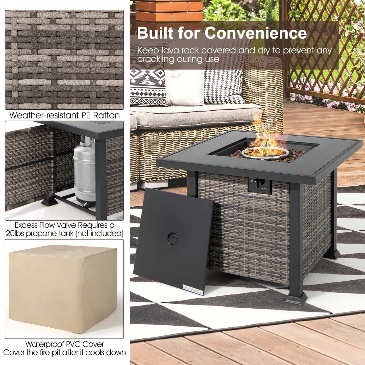 Tangkula 9 Pieces Outdoor Patio Furniture Set with 32-Inch Propane Fire Pit Table - NP10618GR+HW68604DK+