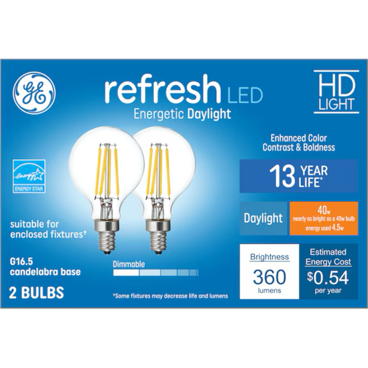 GE 40-Watt EQ G16.5 Daylight Candelabra Base (E-12) Dimmable LED Light Bulb  - 71223301