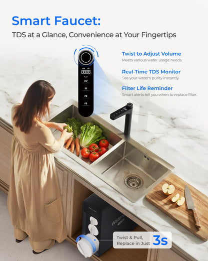 Waterdrop X16 Black Tankless Reverse Osmosis System | 1600 GPD | 11-Stage Filtration | UV Sterilization | Alkaline Mineral Technology | Smart Faucet | NSF/ANSI 42, 58 & 372 Certified